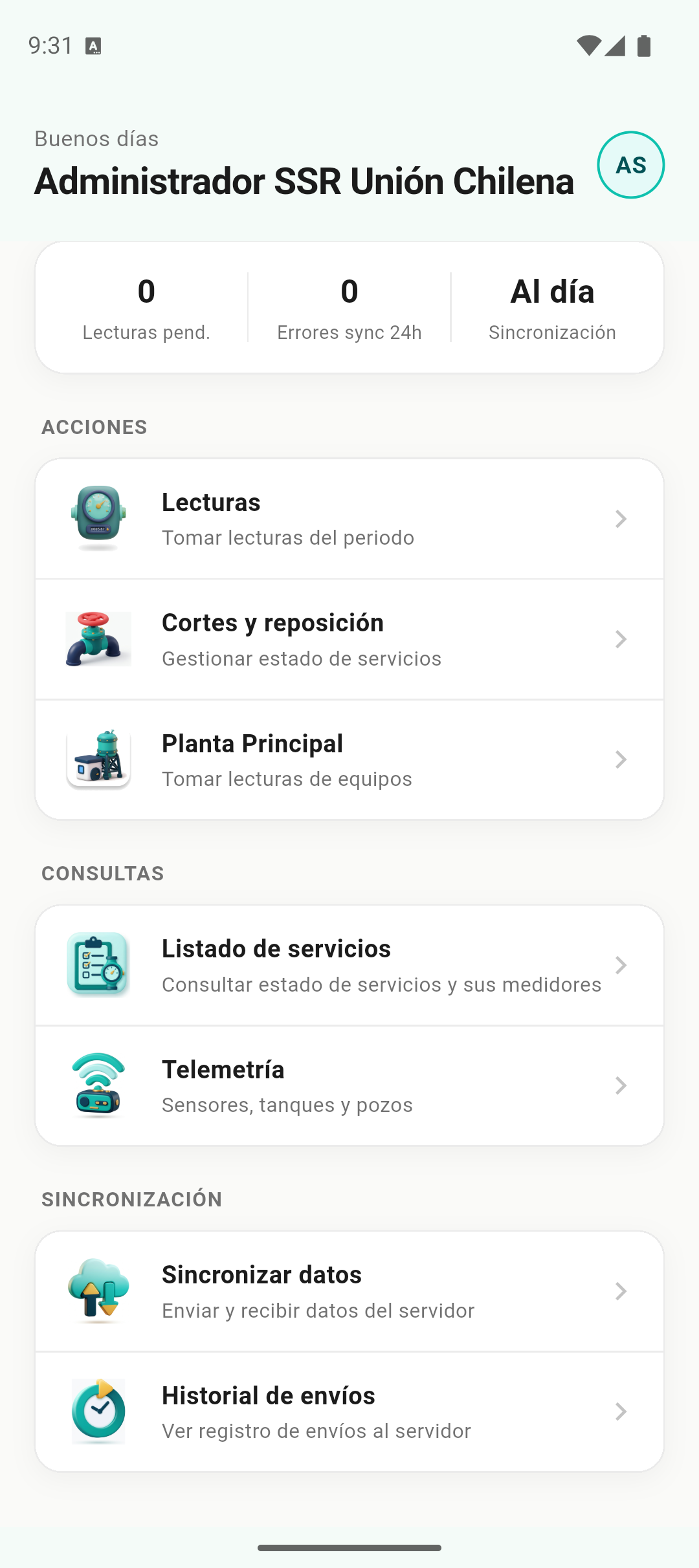 Aplicación móvil real de Octocelio: home del operador con lecturas, cortes y reposición, planta, telemetría y sincronización